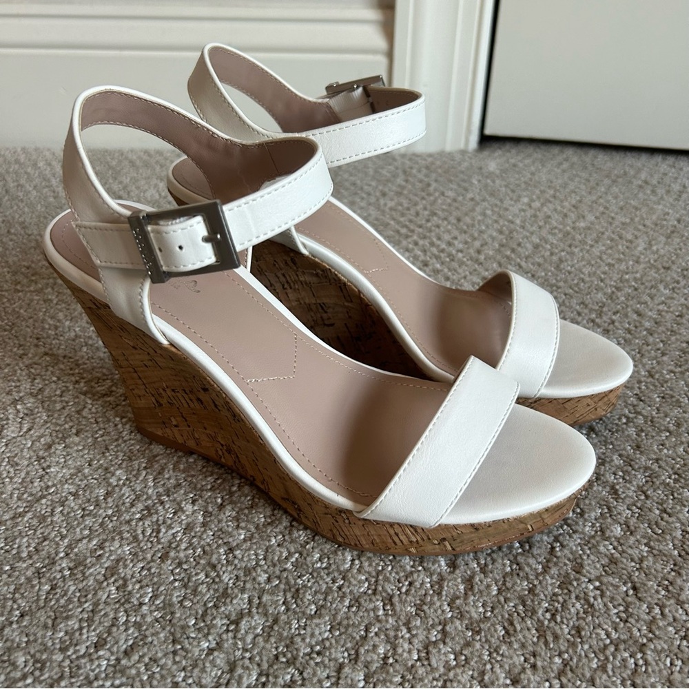 Charles David White and Tan Wedge Sandals